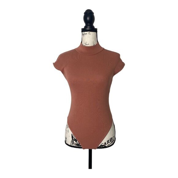 ZARA Ribbed High Neck Short Sleeve Bodysuit Size S Rust Brown - Picture 1 of 4